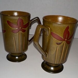 Pair of Elegant Vintage Brown and Red Floral Pedestal Mugs